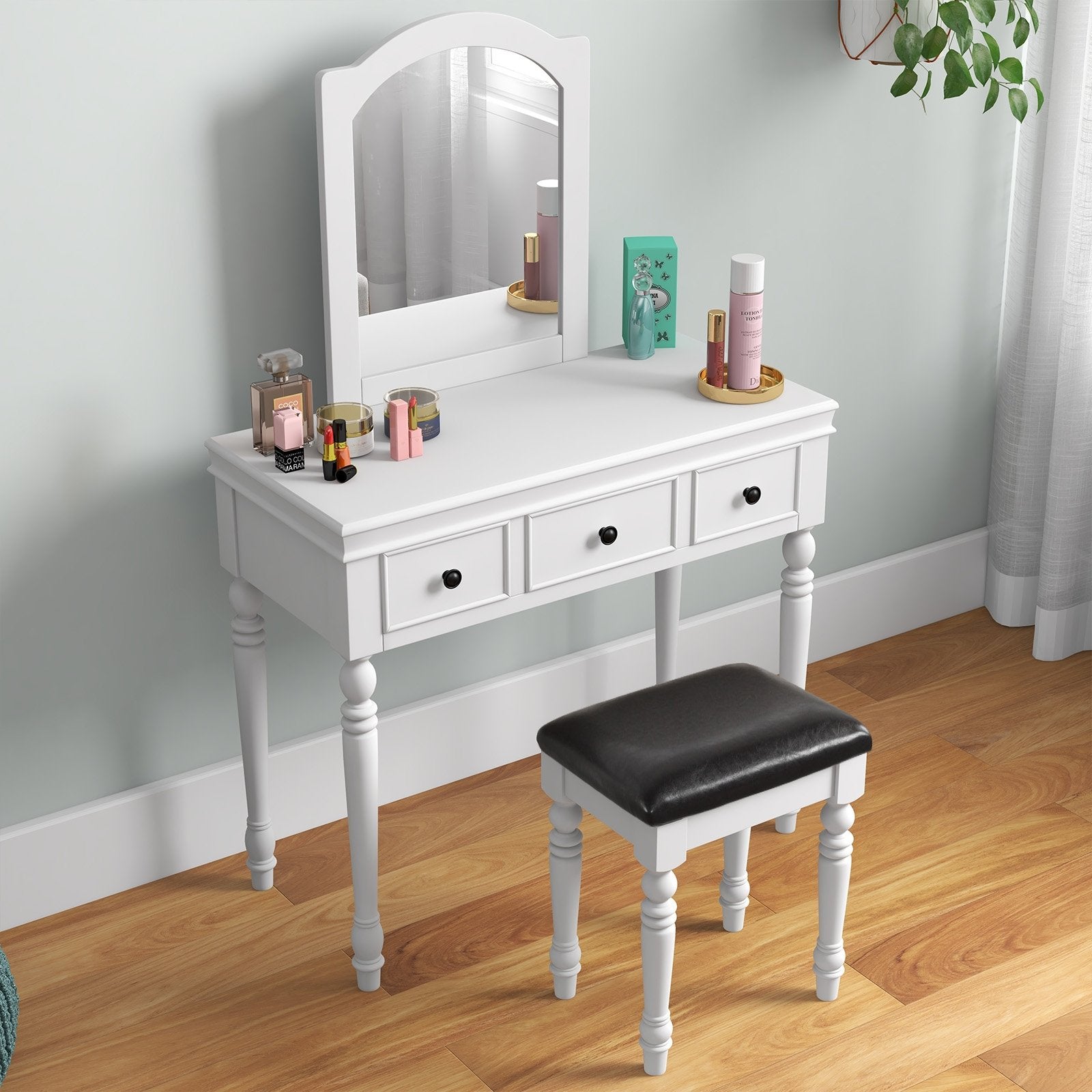 Makeup Vanity Table and Stool Set with Detachable Mirror and 3 Drawers Storage-Walnut