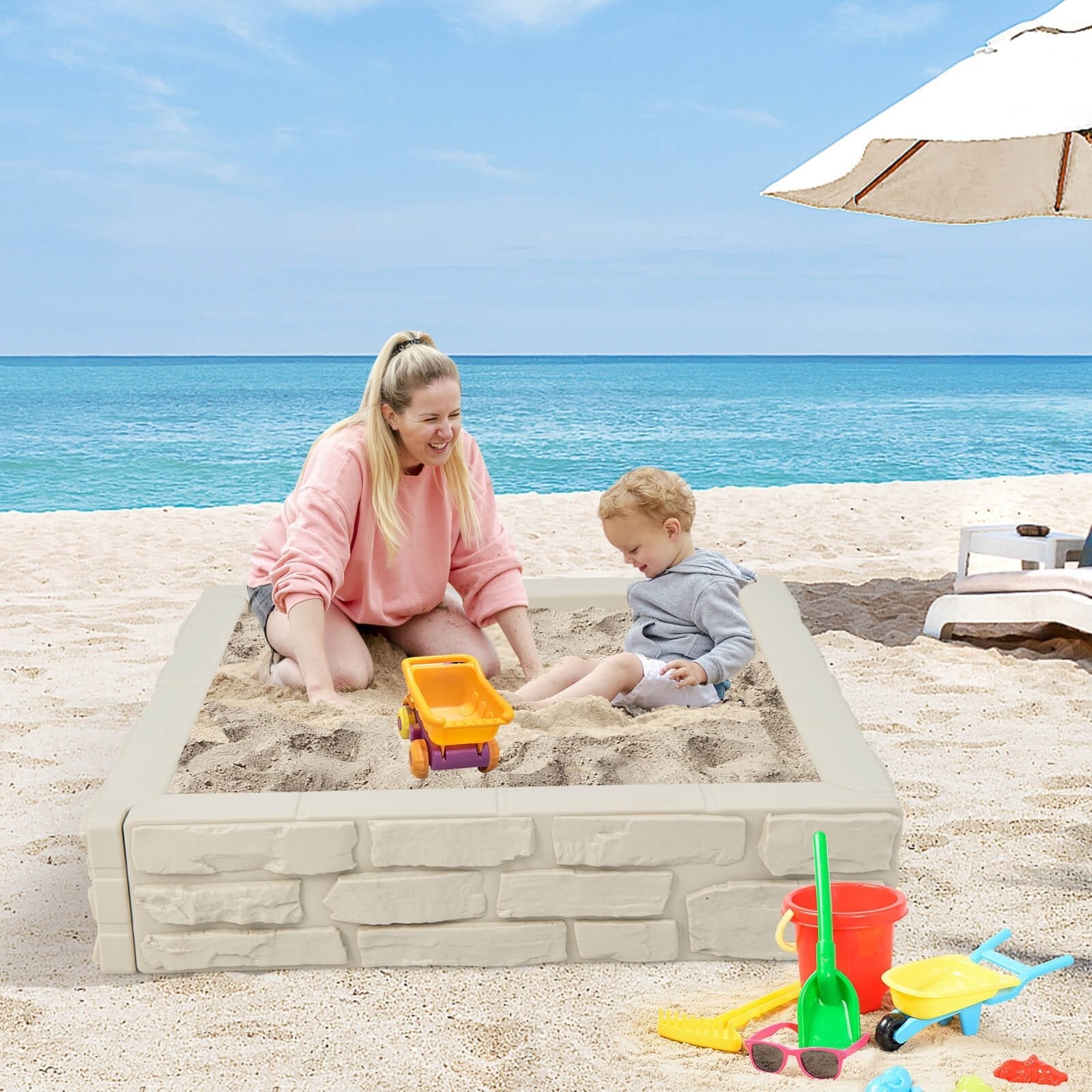 2-In-1 HDPE Kids Sandbox with Cover and Bottom Liner-Brown