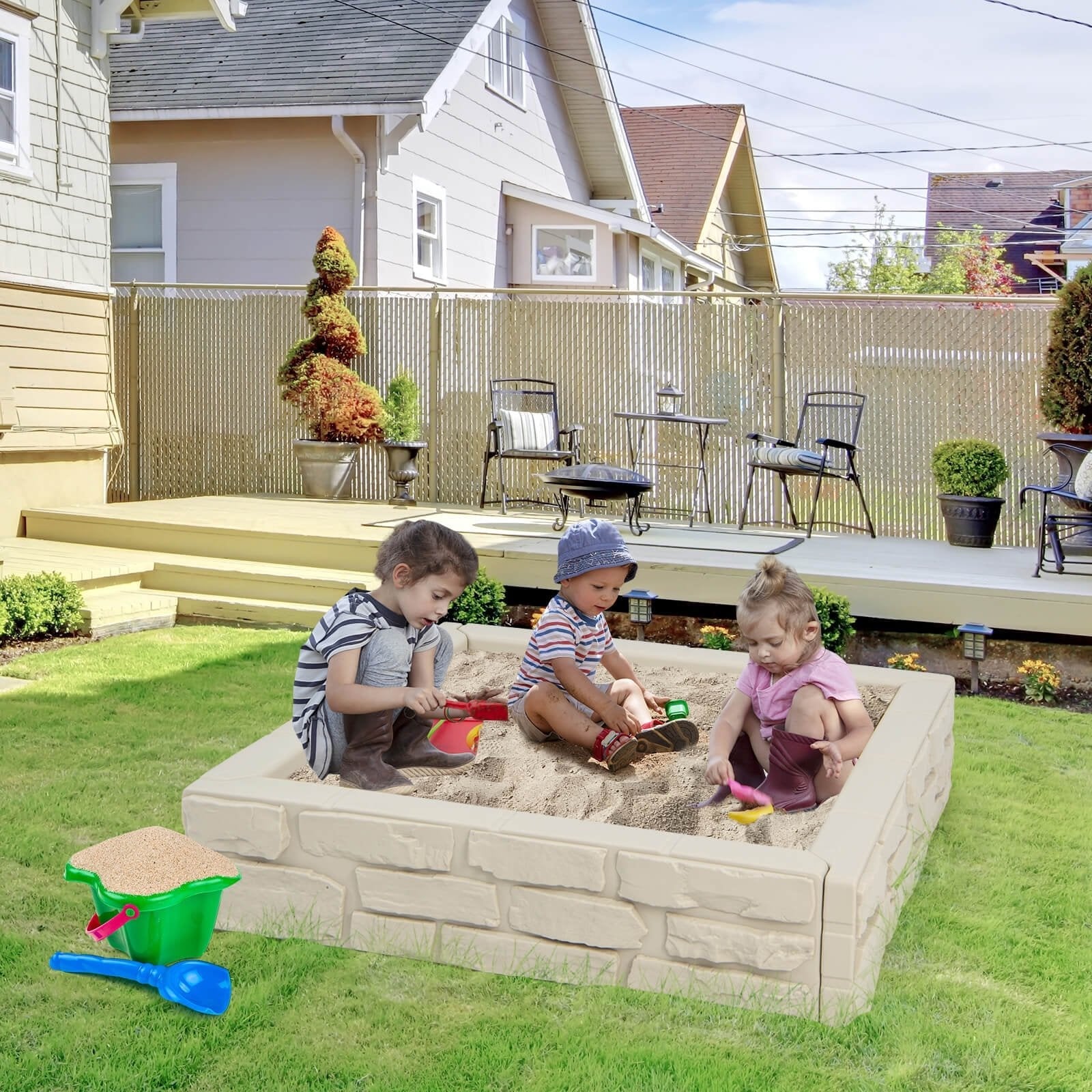 2-In-1 HDPE Kids Sandbox with Cover and Bottom Liner-Brown