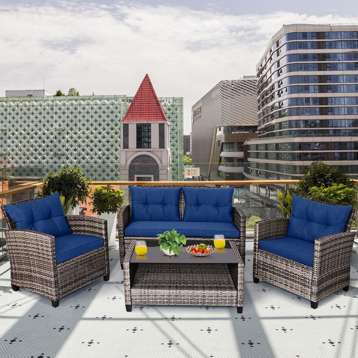 4 Pieces Patio Rattan Furniture Set Coffee Table Cushioned Sofa-Gray