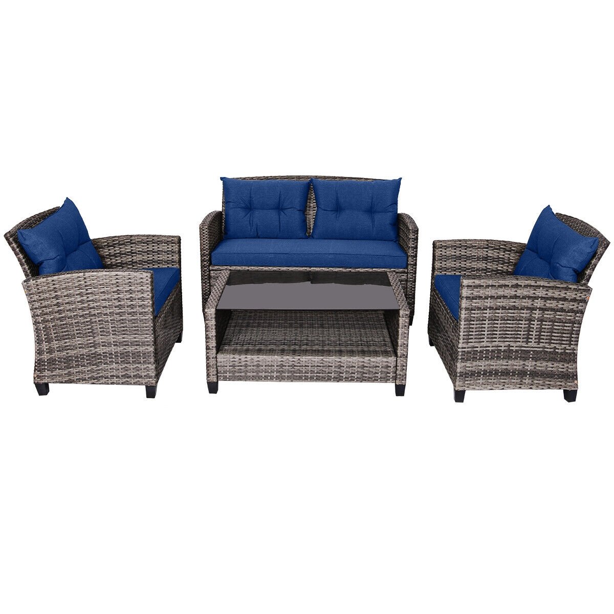 4 Pieces Patio Rattan Furniture Set Coffee Table Cushioned Sofa-Gray