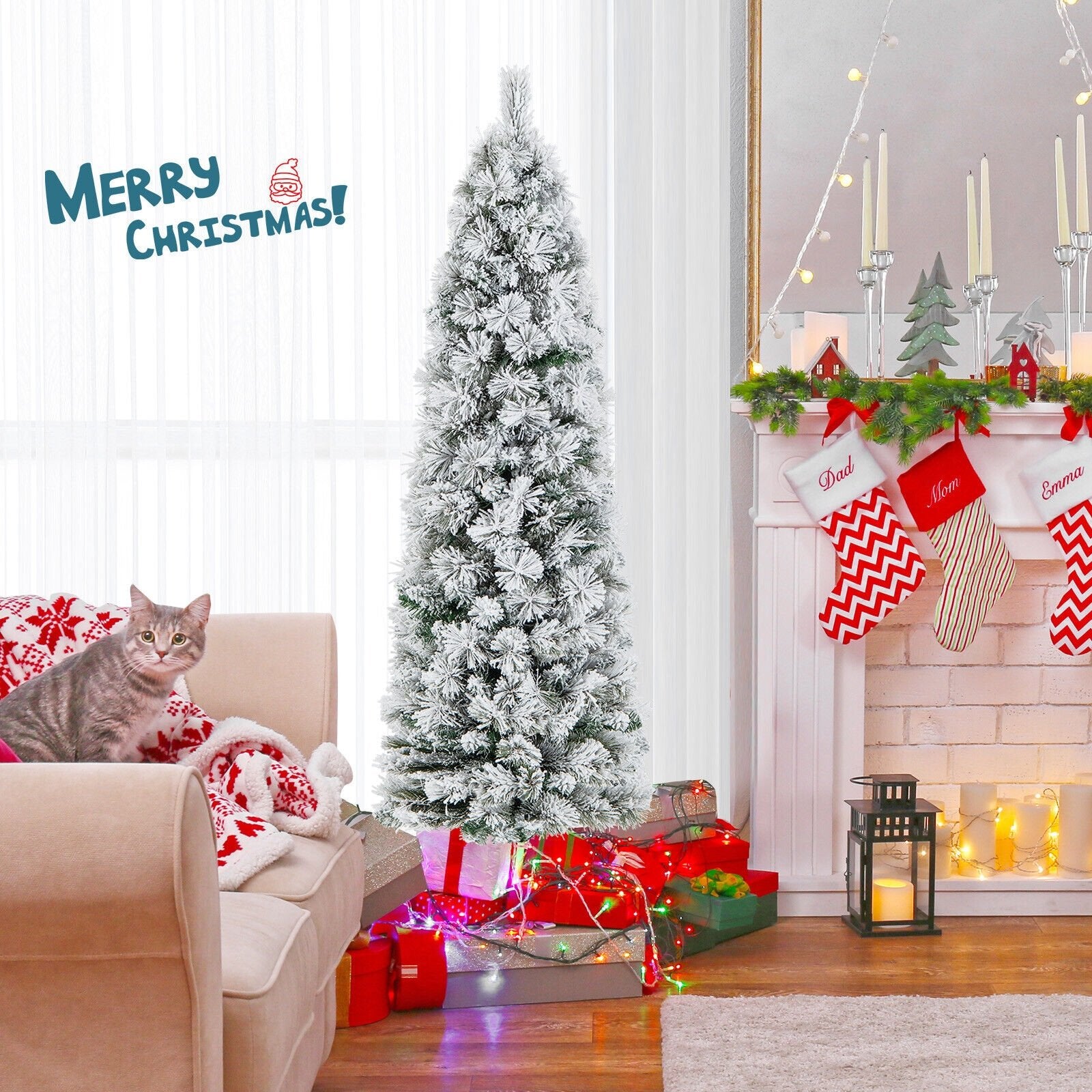 4.5/6/7 Feet Christmas Tree with 258 Branch Tips and 100 Incandescent Lights-Flocked and Slim-6 Feet