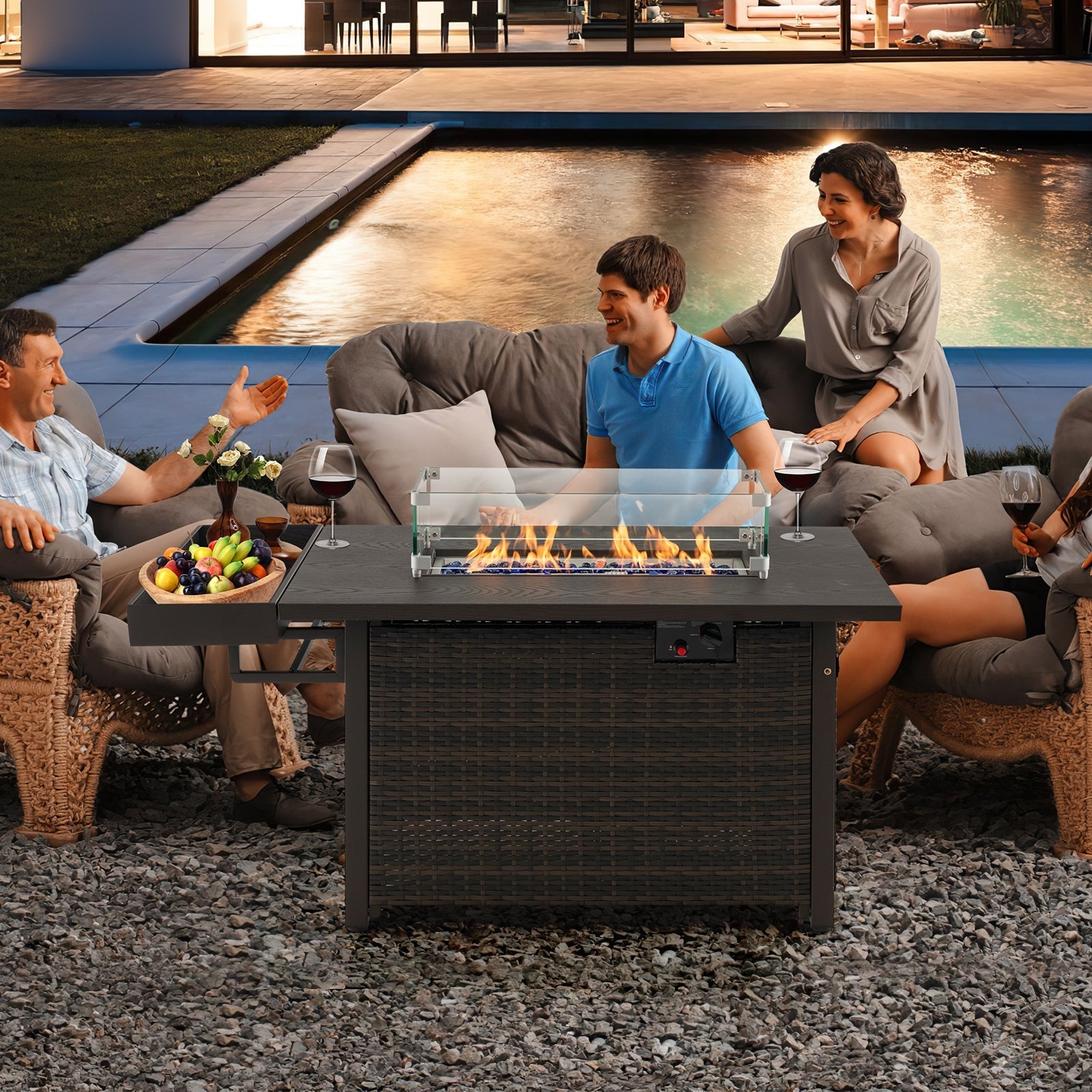 52 Inches Outdoor Wicker Gas Fire Pit Propane Fire Table with Cover-Black