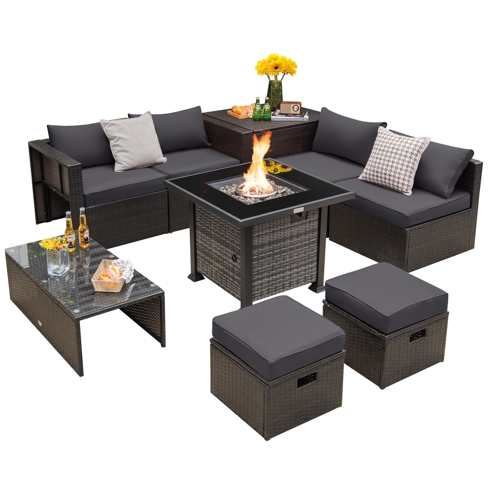 Outdoor 9 Pieces Patio Furniture Set with 50 000 BTU Propane Fire Pit Table-Black