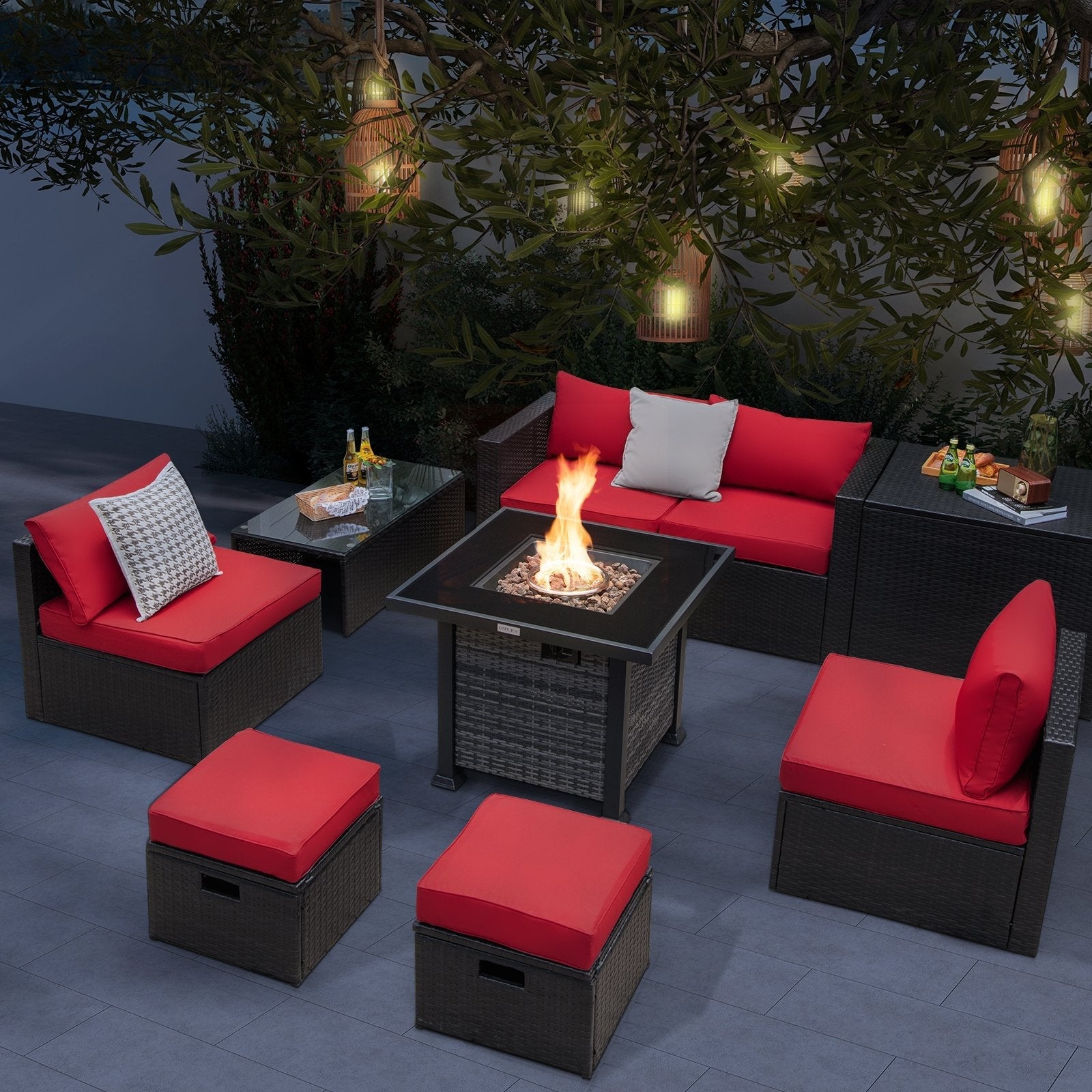 Outdoor 9 Pieces Patio Furniture Set with 50 000 BTU Propane Fire Pit Table-Black