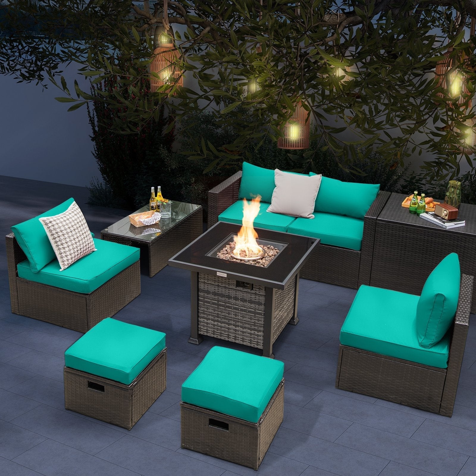 Outdoor 9 Pieces Patio Furniture Set with 50 000 BTU Propane Fire Pit Table-Black