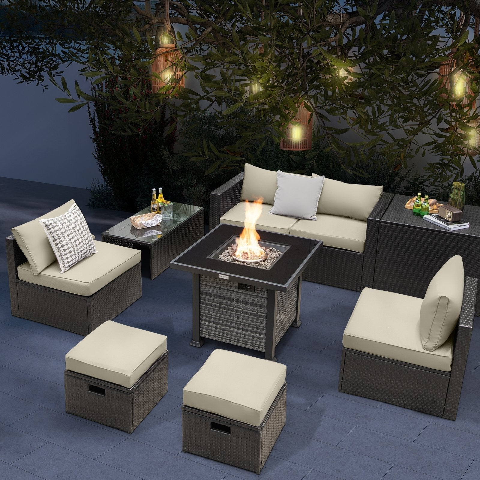 Outdoor 9 Pieces Patio Furniture Set with 50 000 BTU Propane Fire Pit Table-Black