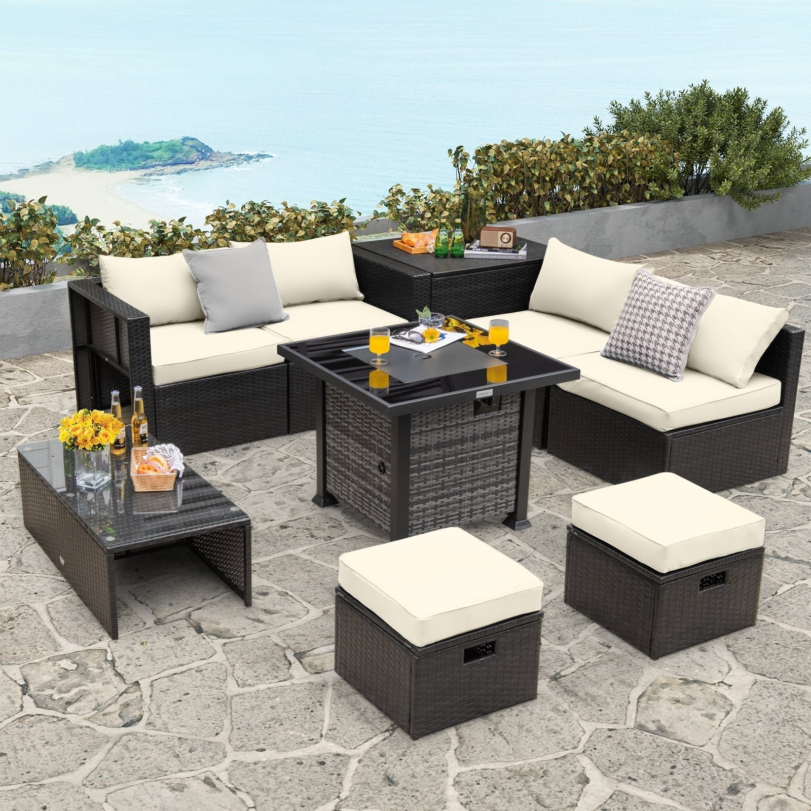 Outdoor 9 Pieces Patio Furniture Set with 50 000 BTU Propane Fire Pit Table-Black