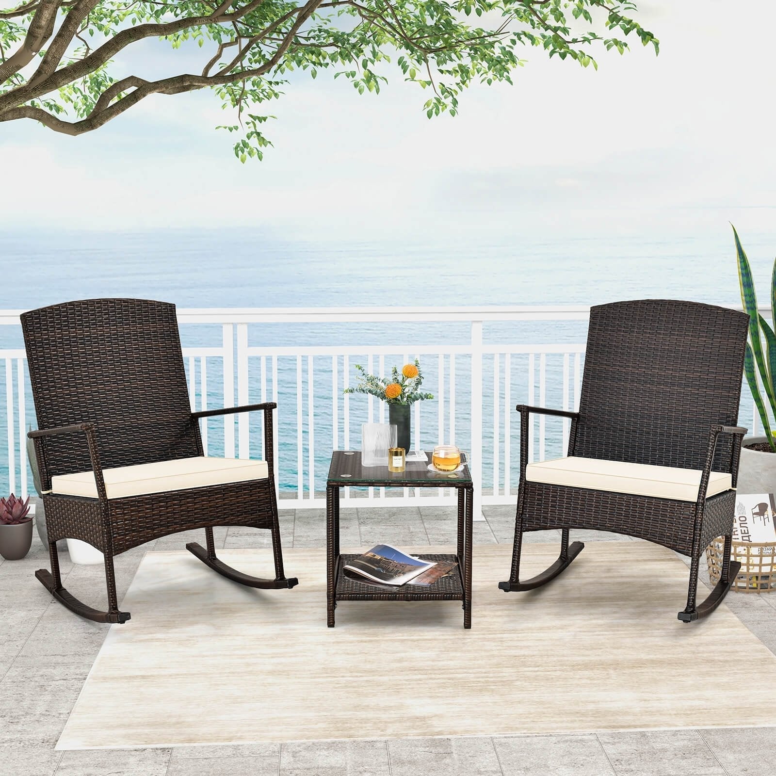 3 Piece Patio Rocking Set Wicker Rocking Chairs with 2-Tier Coffee Table-Black