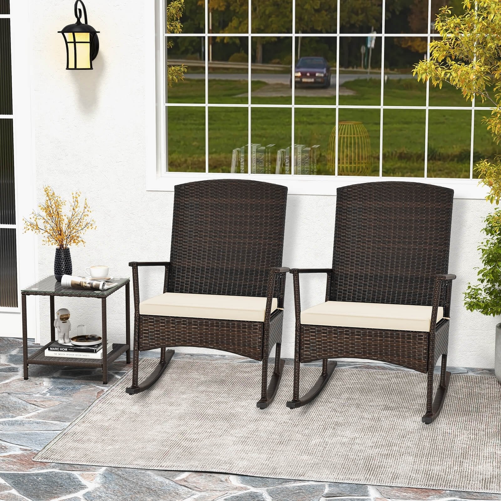 3 Piece Patio Rocking Set Wicker Rocking Chairs with 2-Tier Coffee Table-Black