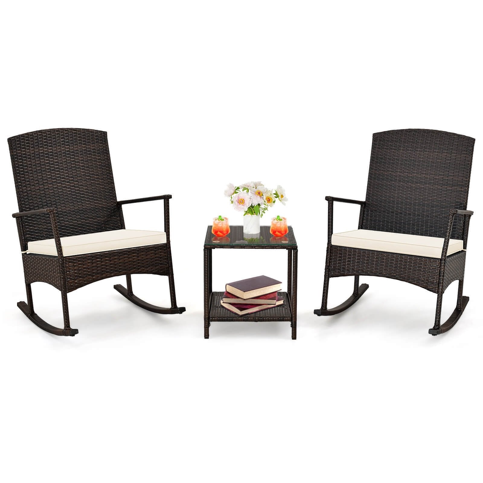 3 Piece Patio Rocking Set Wicker Rocking Chairs with 2-Tier Coffee Table-Black