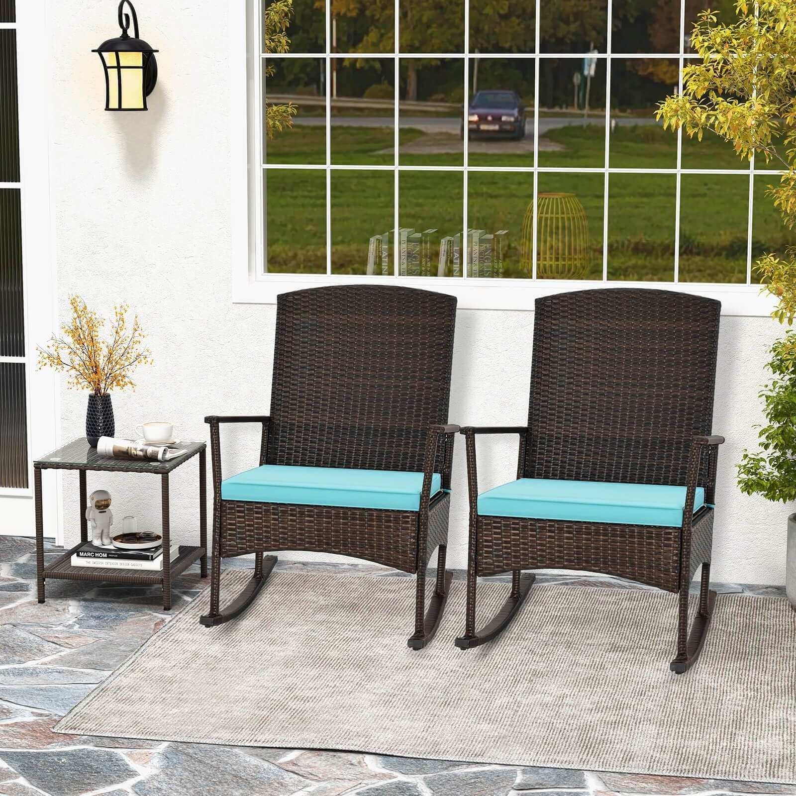 3 Piece Patio Rocking Set Wicker Rocking Chairs with 2-Tier Coffee Table-Black