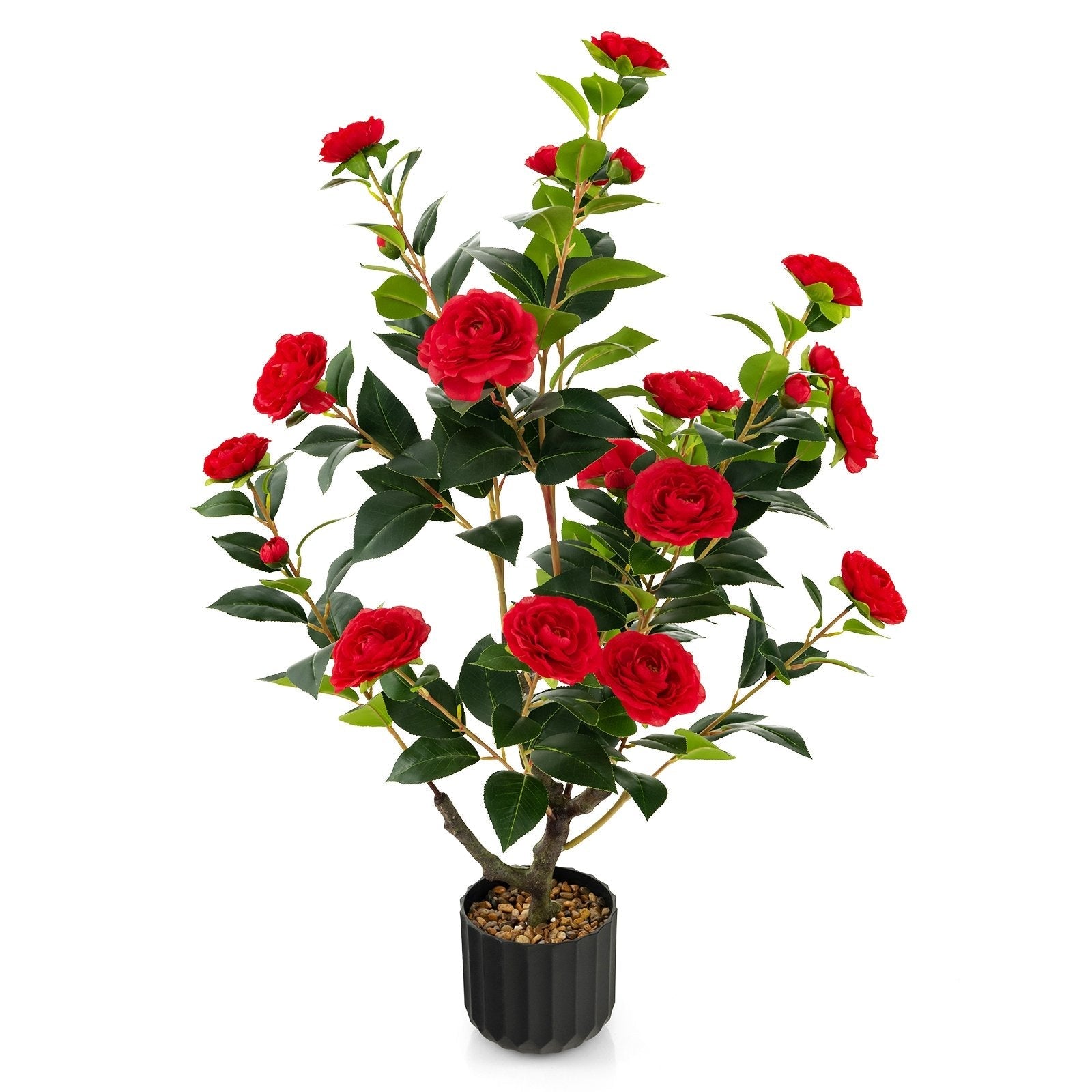 38 Inch Artificial Camellia Tree Faux Flower Plant in Cement Pot-Pink