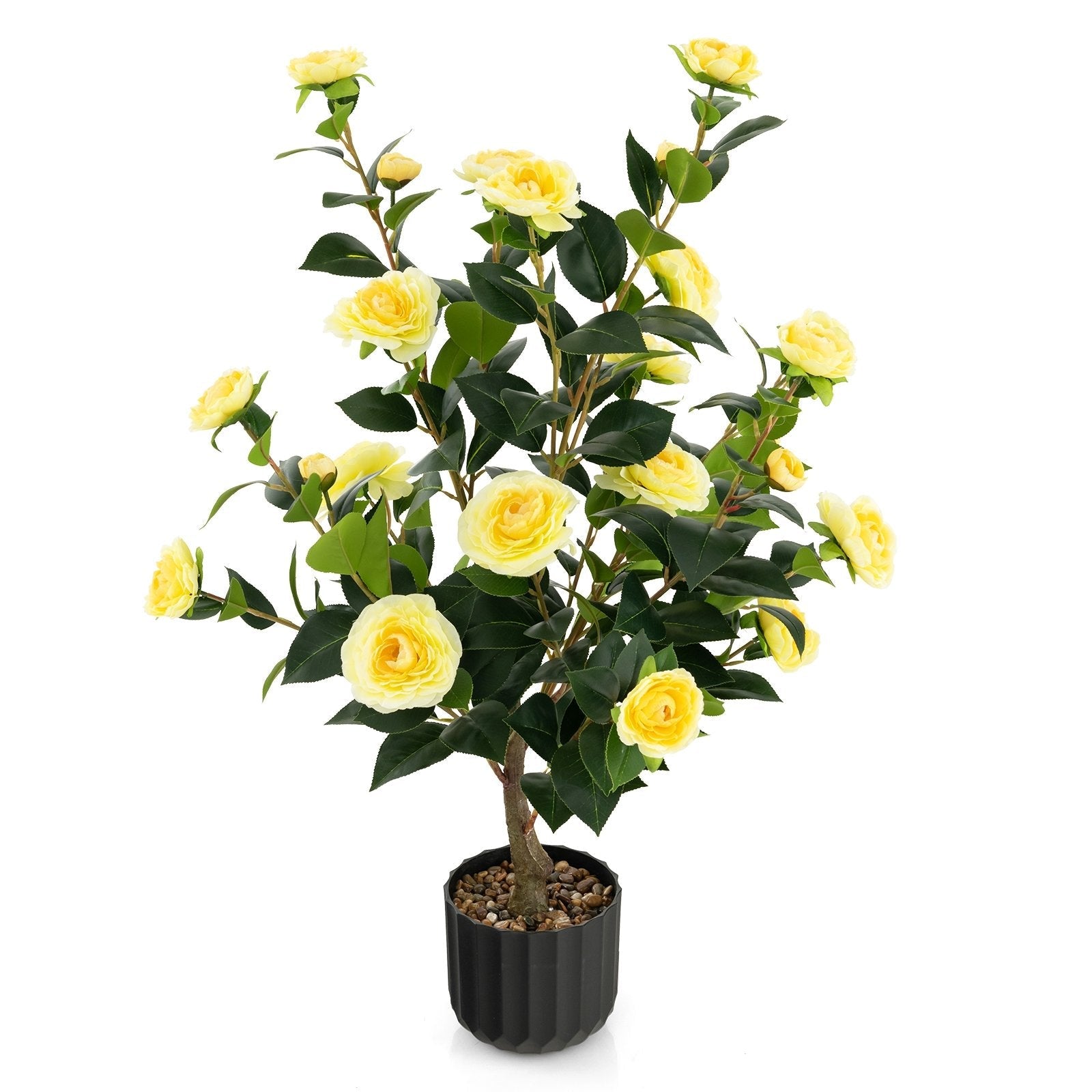 38 Inch Artificial Camellia Tree Faux Flower Plant in Cement Pot-Pink