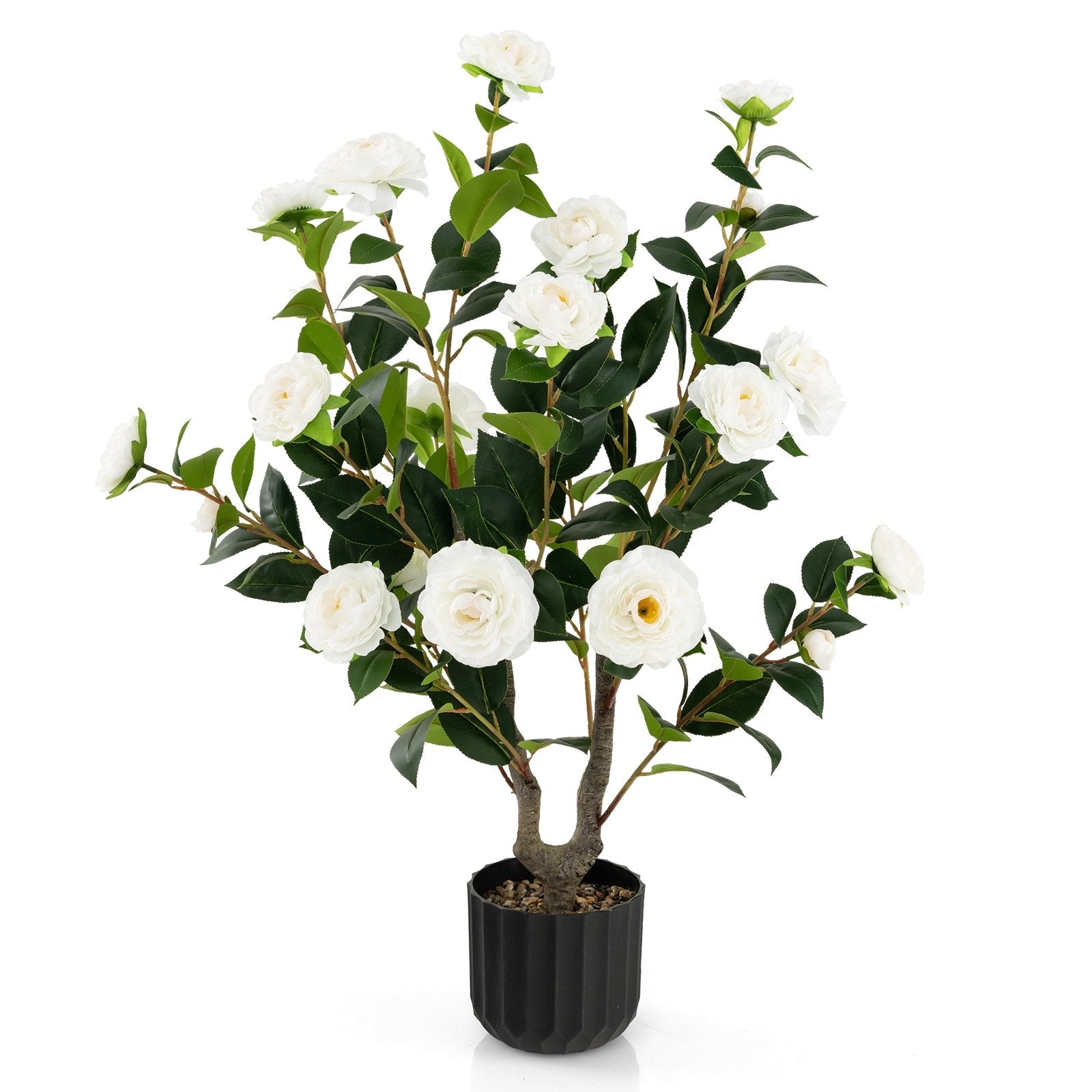 38 Inch Artificial Camellia Tree Faux Flower Plant in Cement Pot-Pink