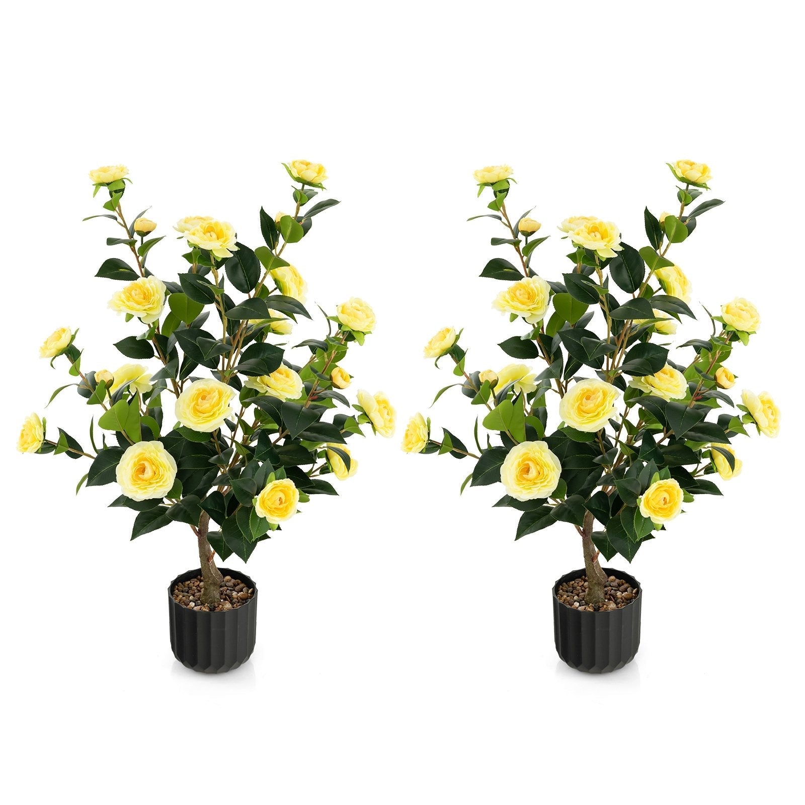 38 Inch Artificial Camellia Tree Faux Flower Plant in Cement Pot 2 Pack-Pink