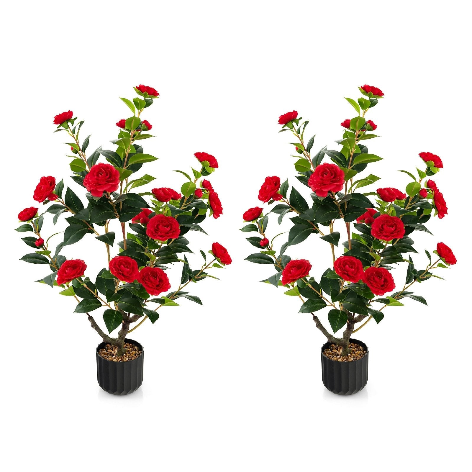 38 Inch Artificial Camellia Tree Faux Flower Plant in Cement Pot 2 Pack-Pink