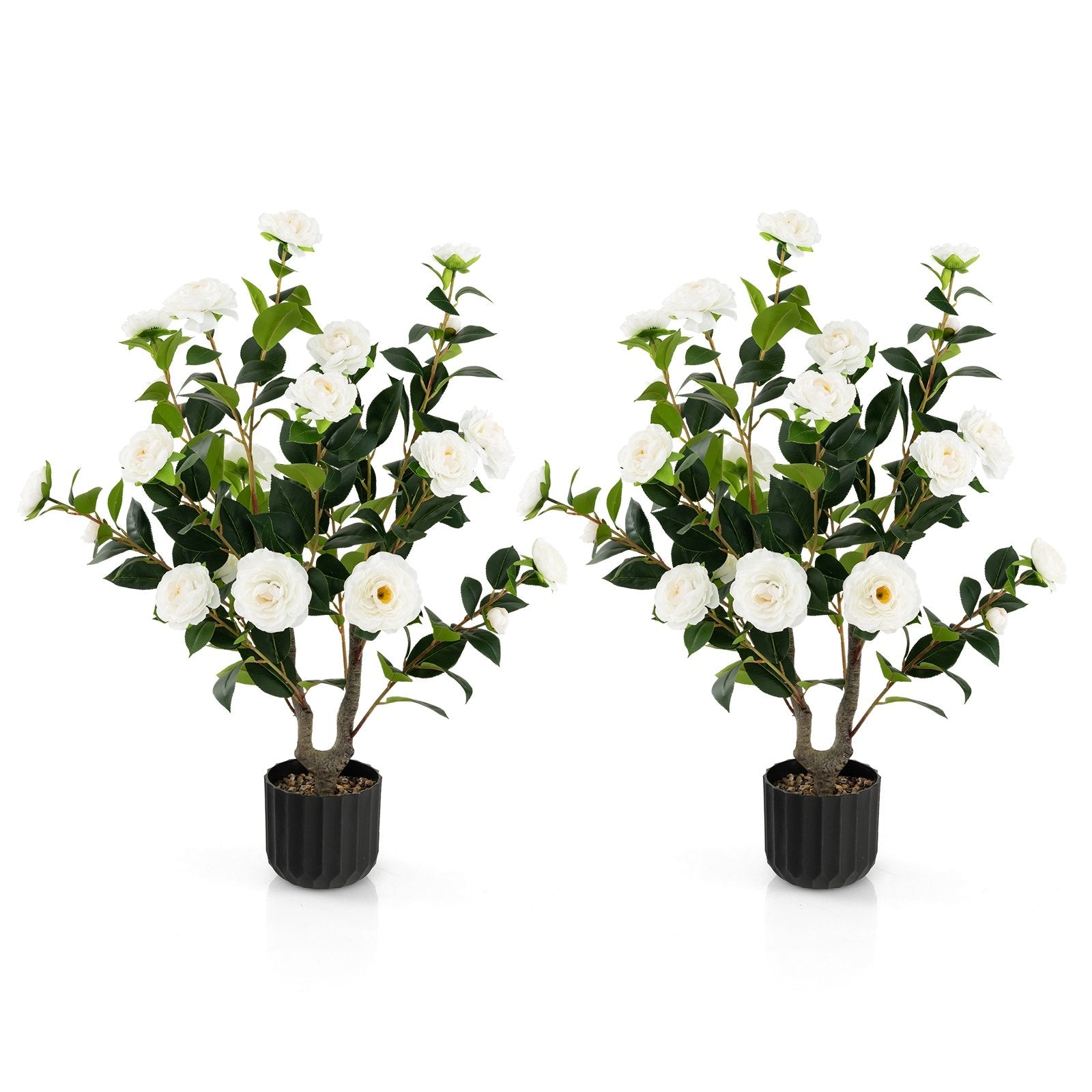 38 Inch Artificial Camellia Tree Faux Flower Plant in Cement Pot 2 Pack-Pink