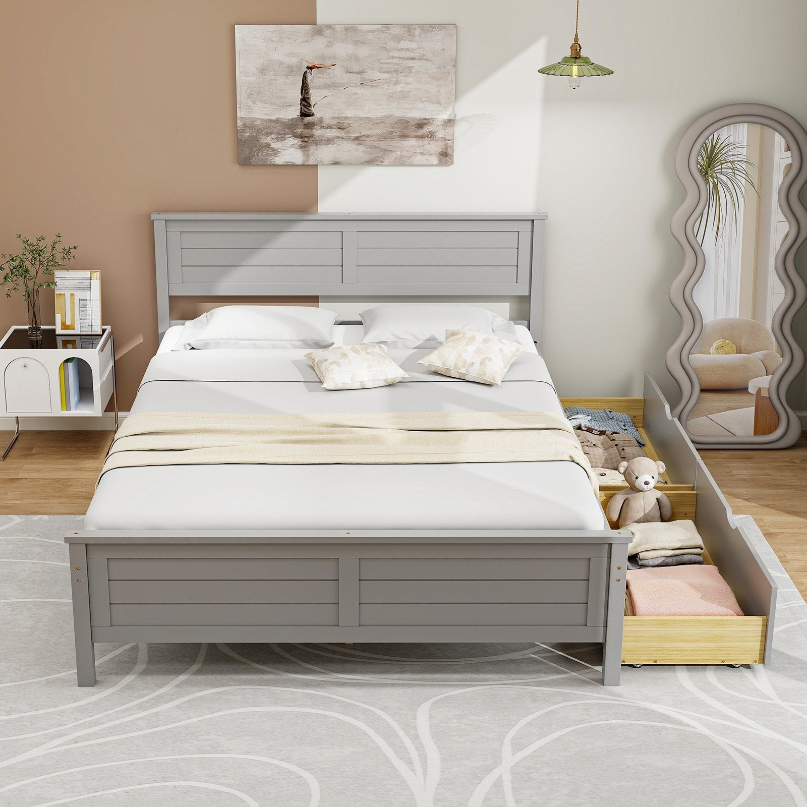 Full Size Bed Frame with Storage Drawers and Solid Wood Headboard-Espresso