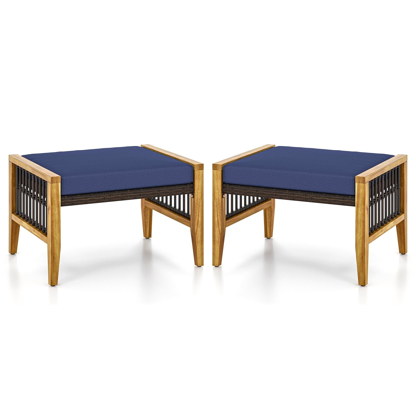 Patio Acacia Wood Ottomans with Cushions and Versatile Rattan Woven Footstools-Navy