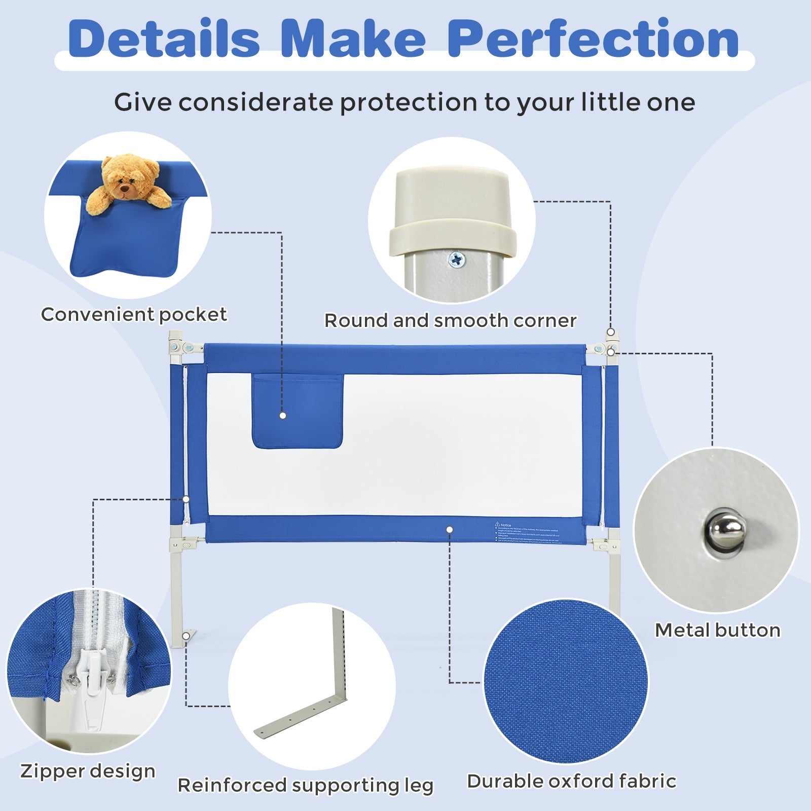 57 Inch Toddlers Vertical Lifting Baby Bed Rail Guard with Lock-Blue