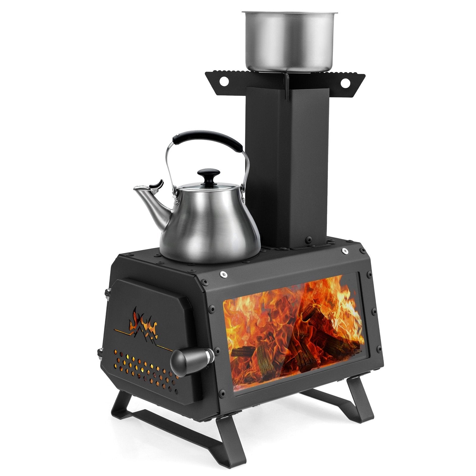Patented Portable Wood Camping Burning Stove Heater with 2 Cooking Positions