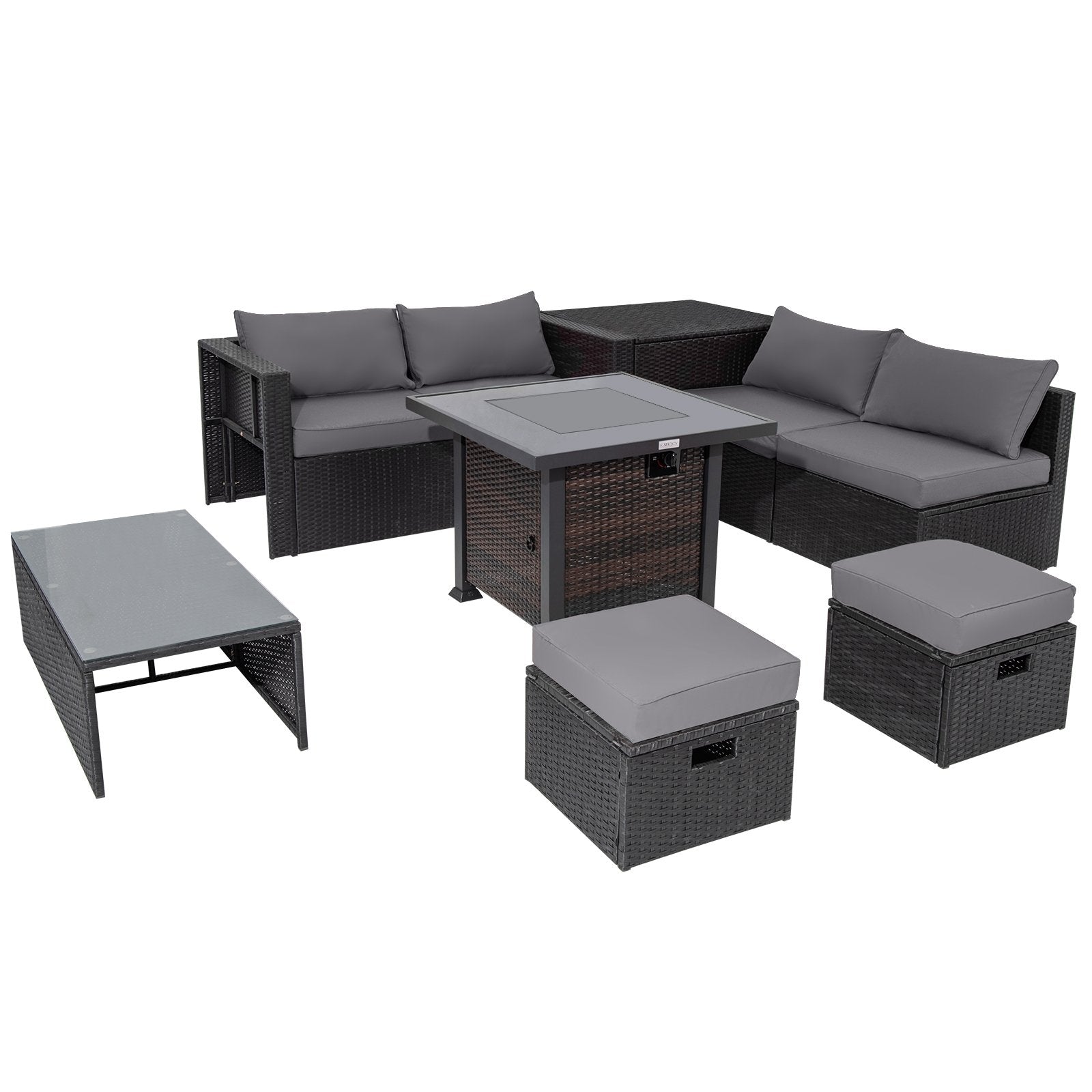 9 Pieces Patio Furniture Set with 32” Fire Pit Table and 50000 BTU Square Propane Fire Pit-Black