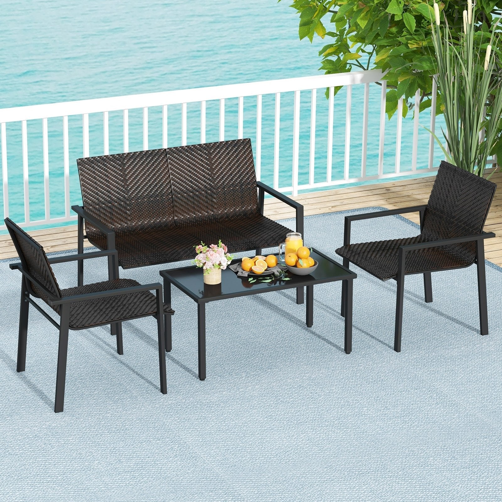 4 Pieces Patio Furniture Set with Heavy Duty Galvanized Metal Frame-Black