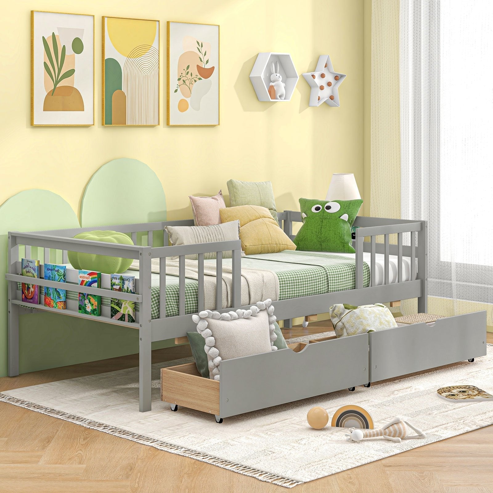 Twin Daybed with Fence and 2 Drawers Kids Bed for Boys & Girls-Gray