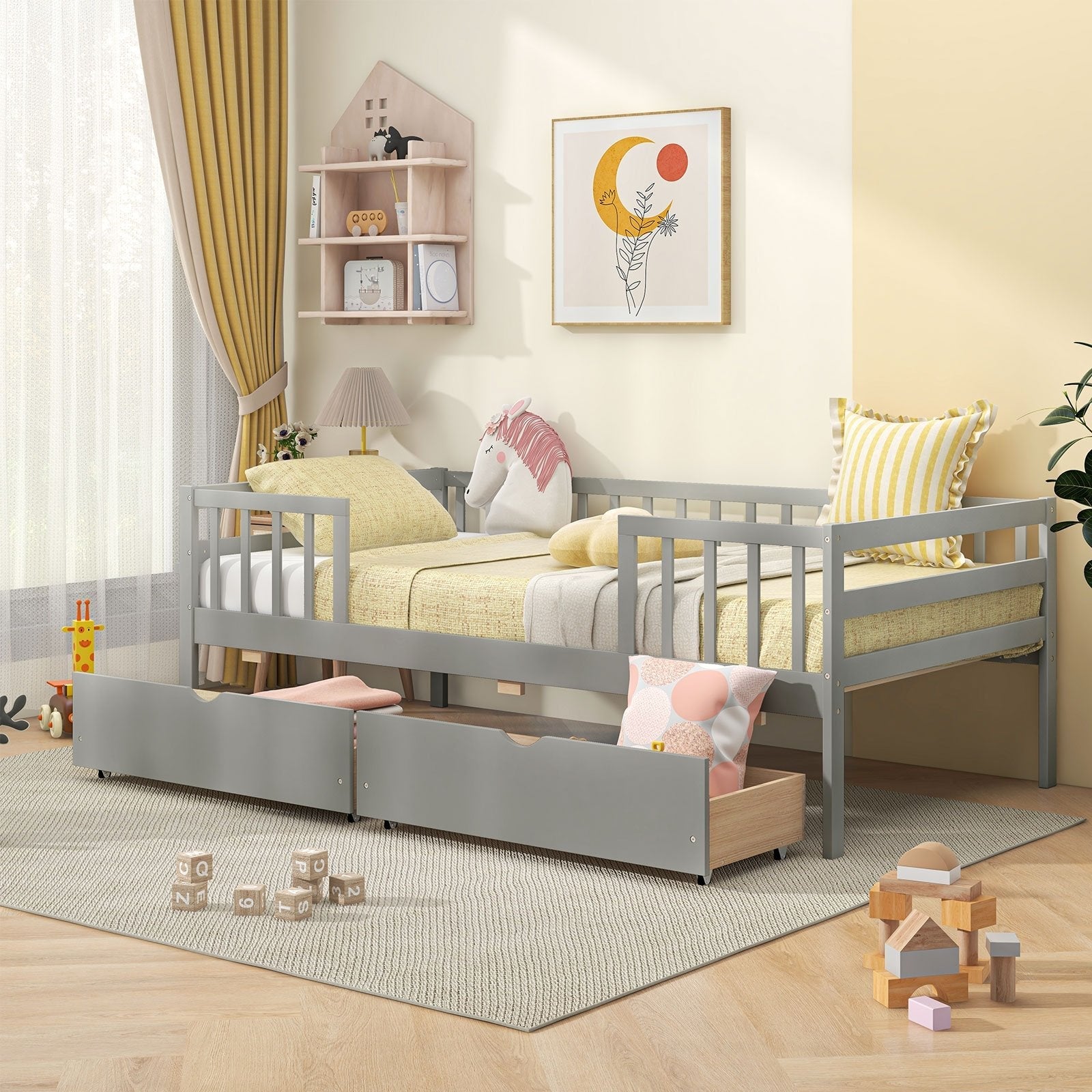 Twin Daybed with Fence and 2 Drawers Kids Bed for Boys & Girls-Gray