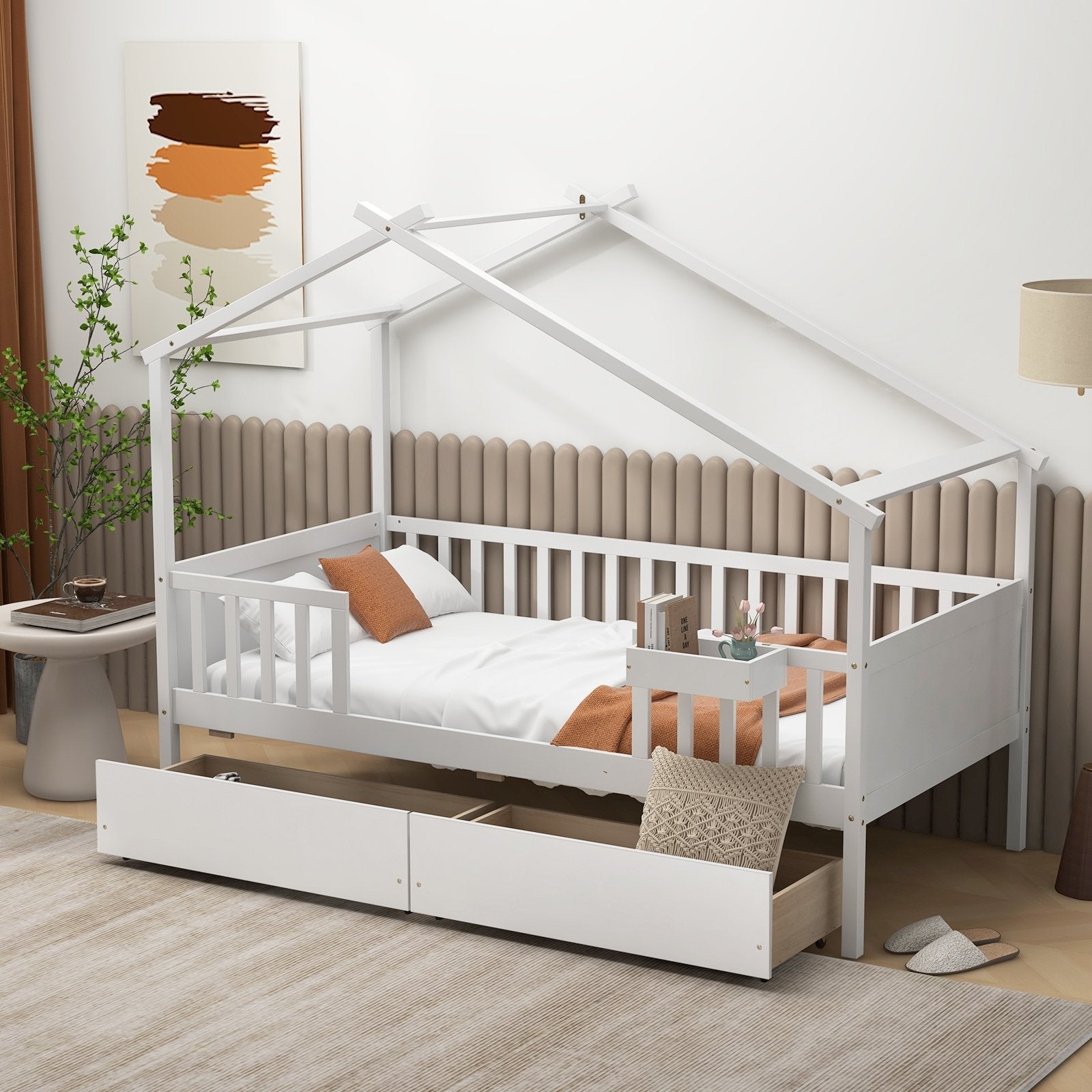 Twin House Bed with 2 Storage Drawers and Roof & Fence Rails-Natural