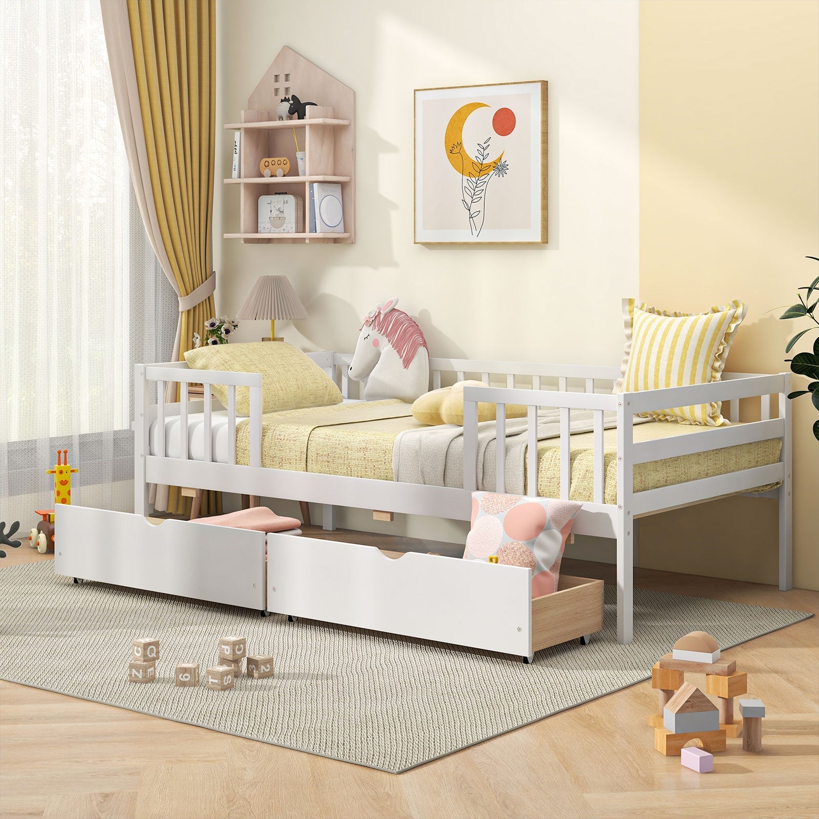 Twin Daybed with Fence and 2 Drawers Kids Bed for Boys & Girls-Gray