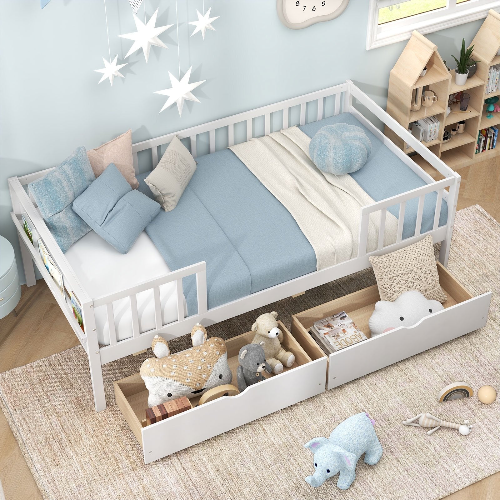 Twin Daybed with Fence and 2 Drawers Kids Bed for Boys & Girls-Gray