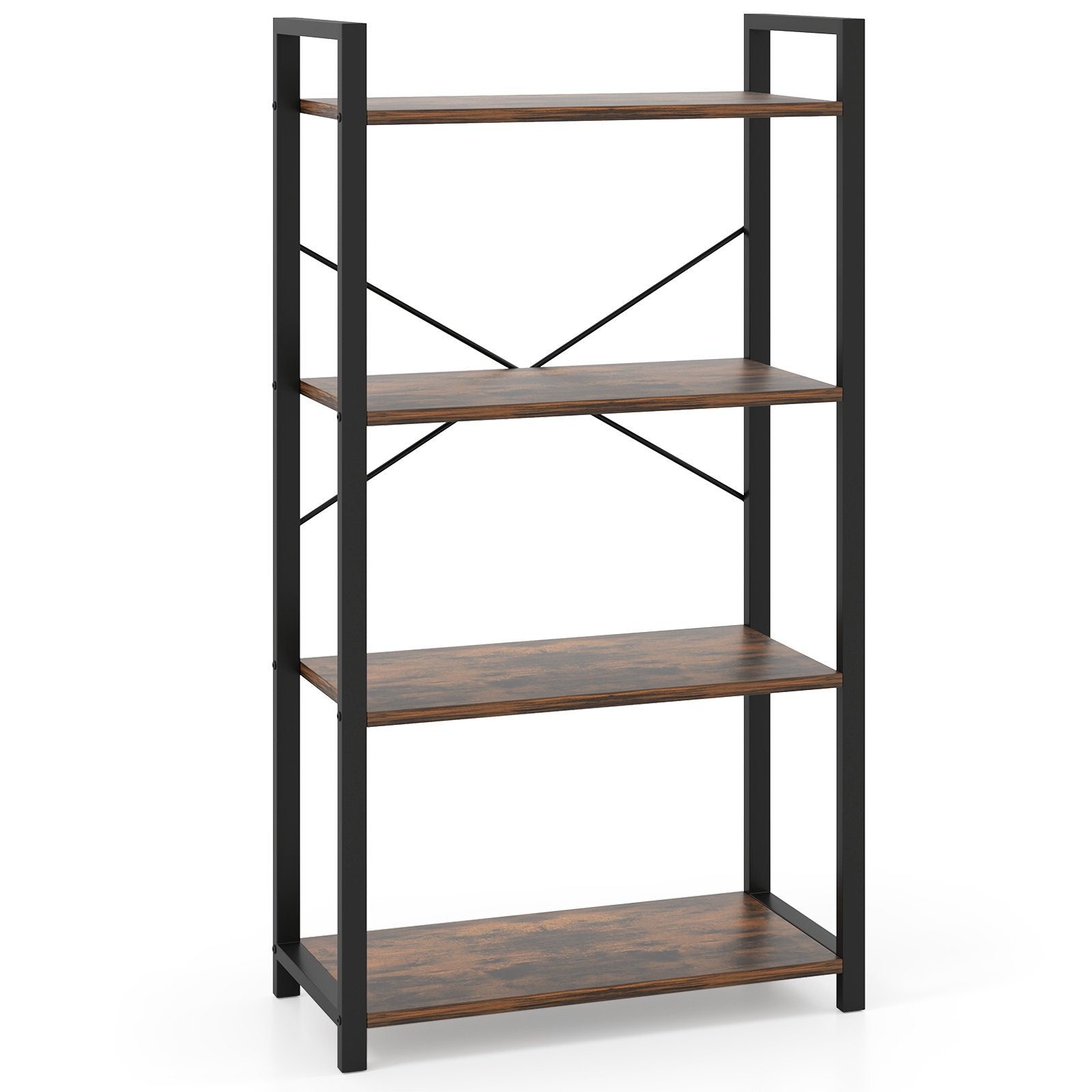4-Tier Bookshelf with Heavy Duty Metal Frame Industrial Display Shelf-Rustic Brown