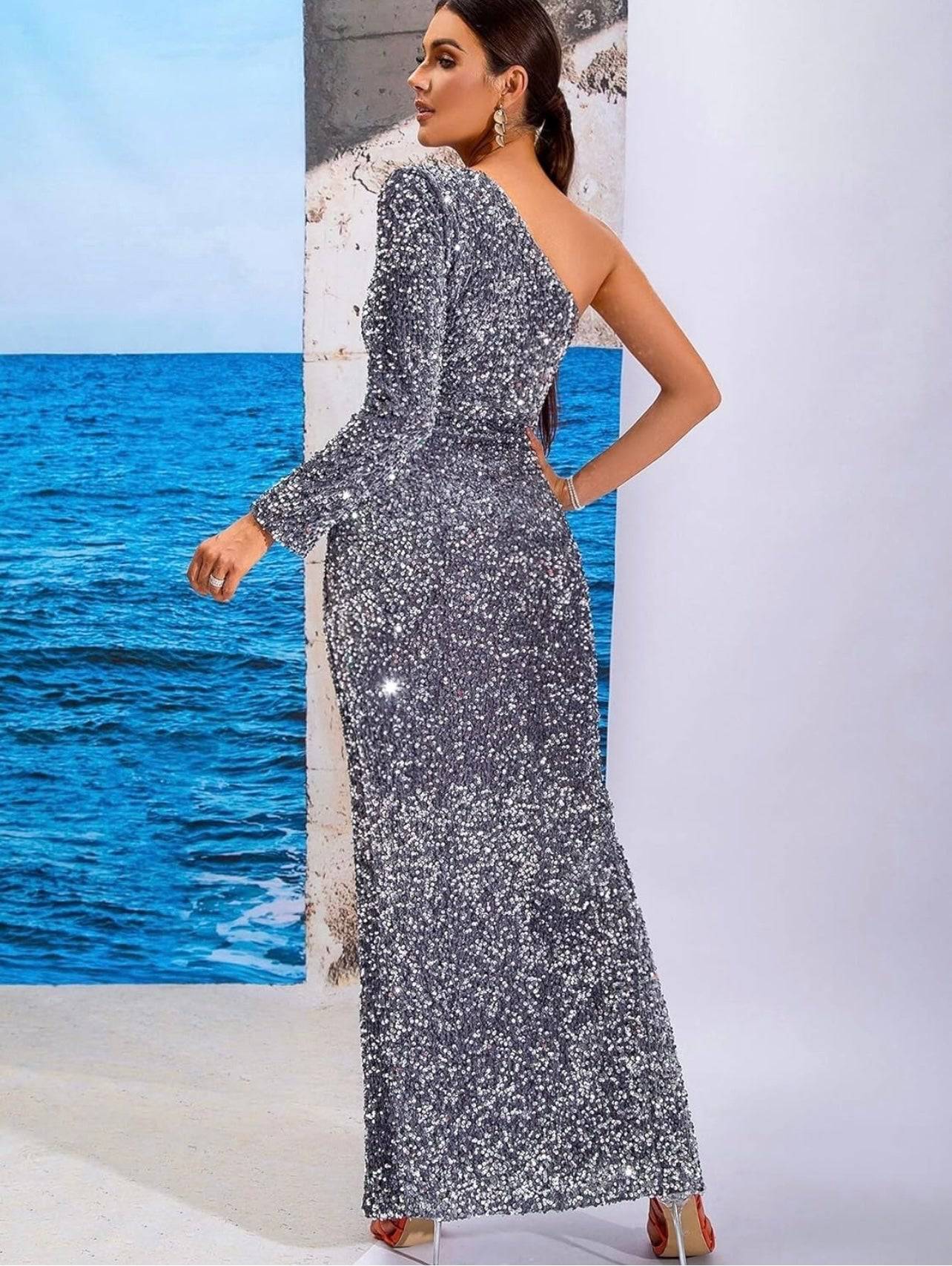 Midi Dress One Shoulder Sweetheart Neck with Long Slit Velvet Sequins Dress - Silver