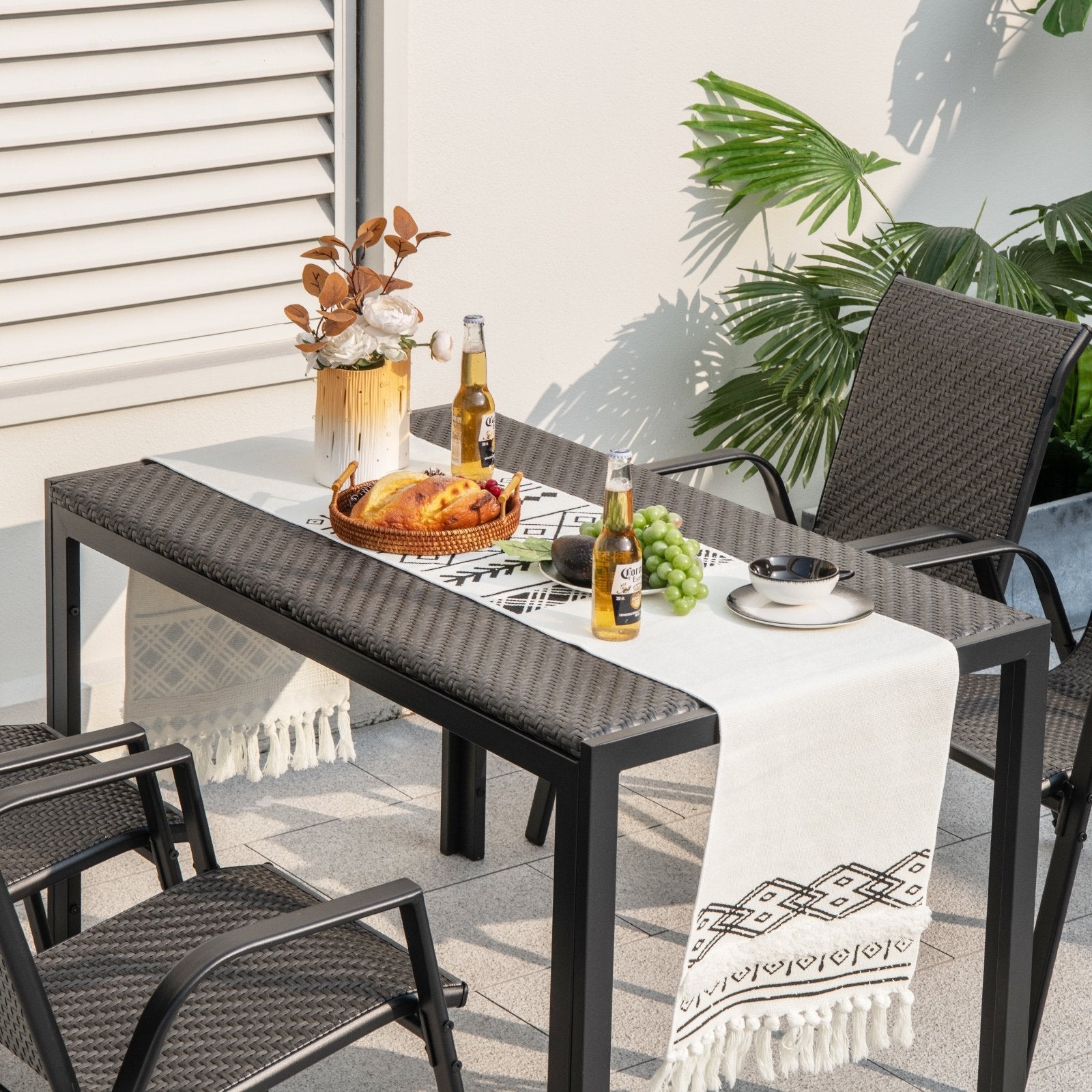 5 Piece Patio Rattan Dining Set with Heavy-Duty Metal Frame-Brown