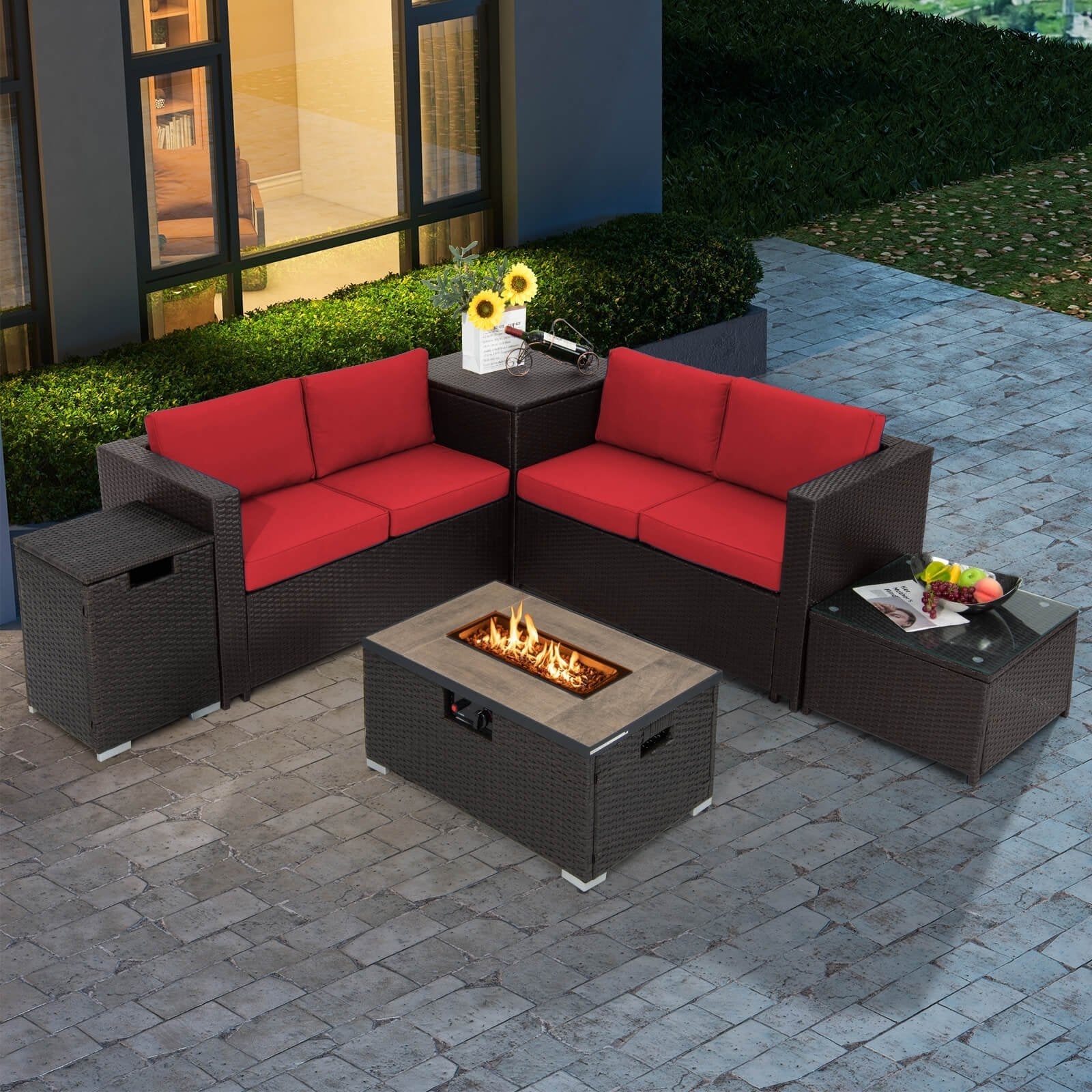 32 x 20 Inch Propane Rattan Fire Pit Table Set with Side Table Tank and Cover-Black