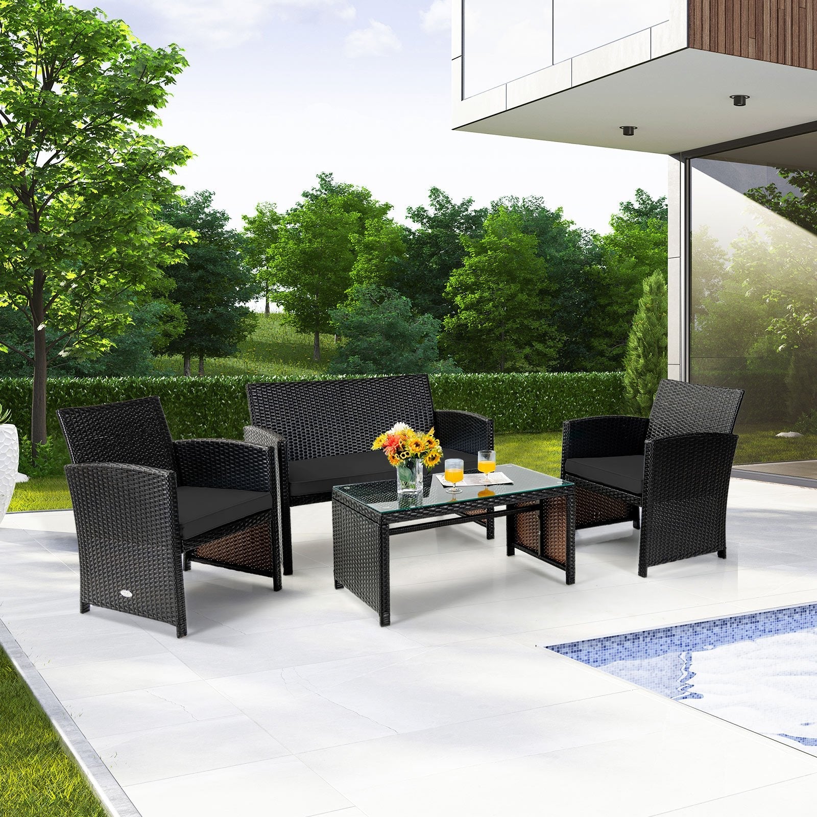 4 Pieces Patio Rattan Cushioned Furniture Set with Coffee Table-Black