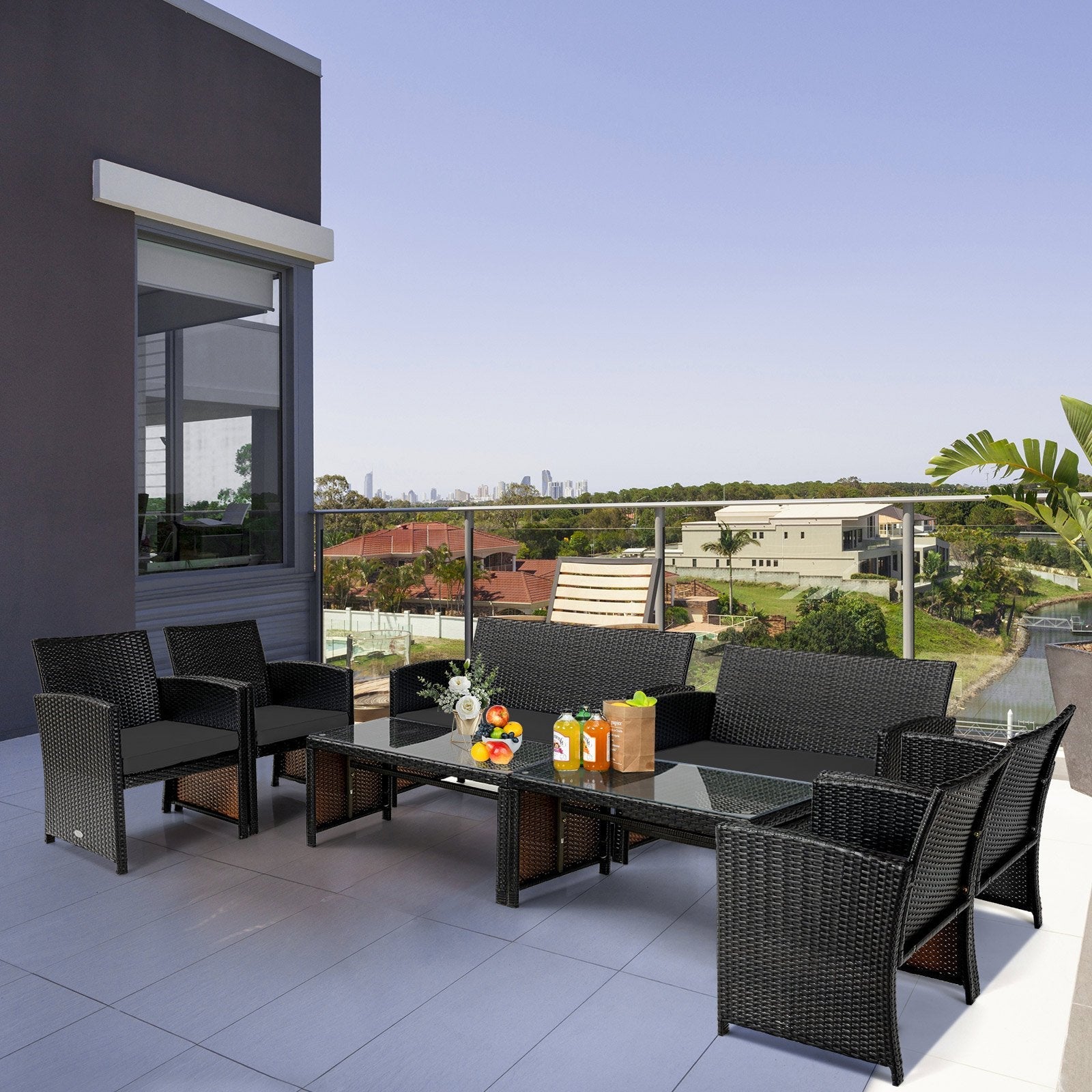 4 Pieces Patio Rattan Cushioned Furniture Set with Coffee Table-Black