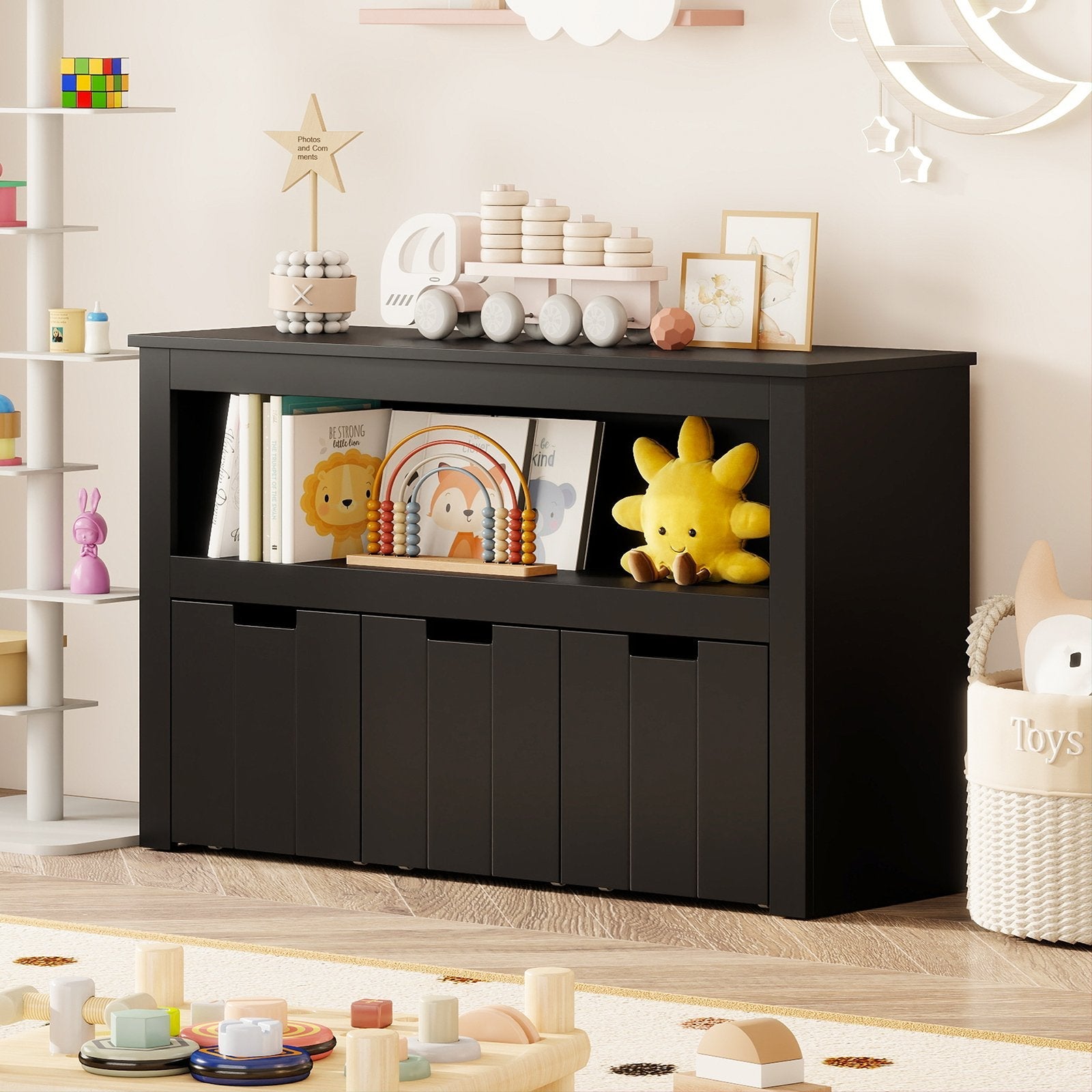 Kid Toy Storage Cabinet 3 Drawer Chest with Wheels Large Storage Cube Shelf-Black