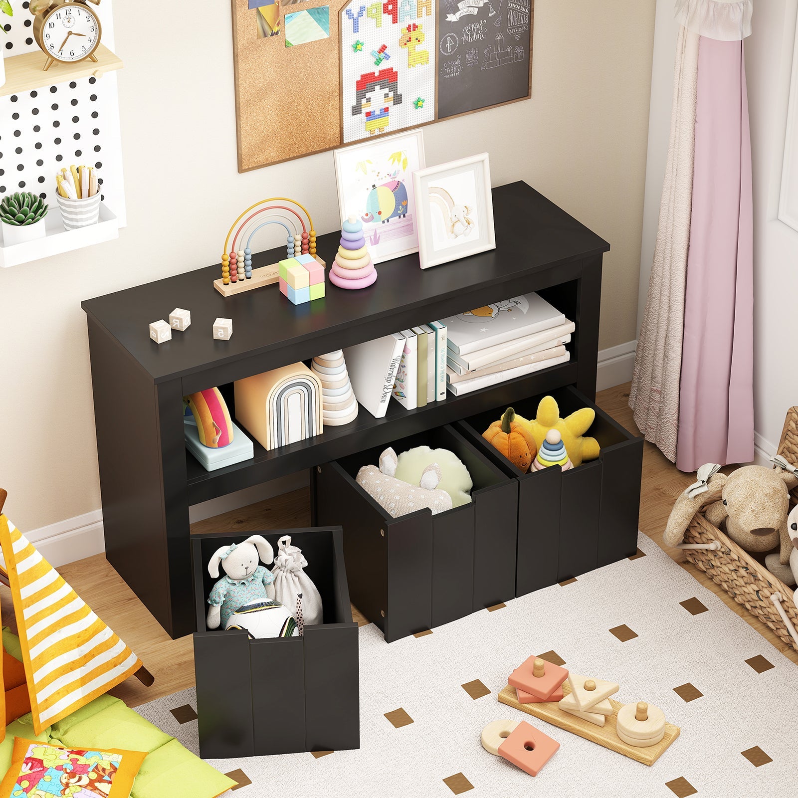 Kid Toy Storage Cabinet 3 Drawer Chest with Wheels Large Storage Cube Shelf-Black