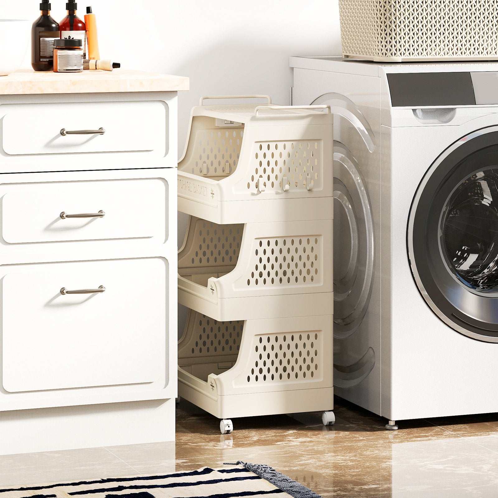 4-Tier Rolling Laundry Basket with Wheels Plastic Storage Cart with Side Hooks